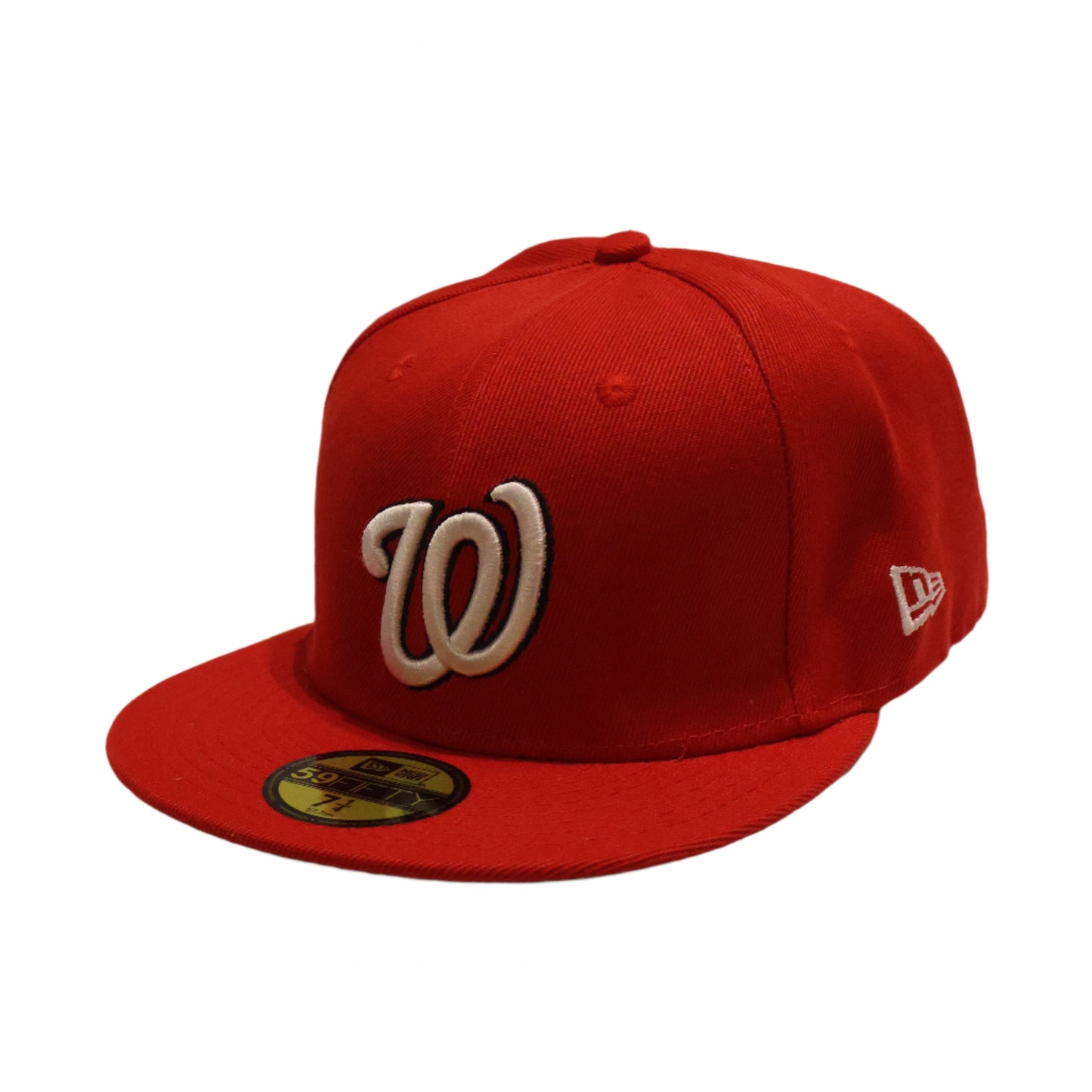 Red baseball cap with a logo on a beige background